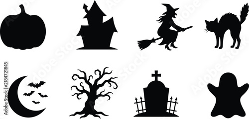 Halloween Silhouette Elements Set Pumpkin Haunted House Witch Black Cat Spooky Vector Graphic Illustration