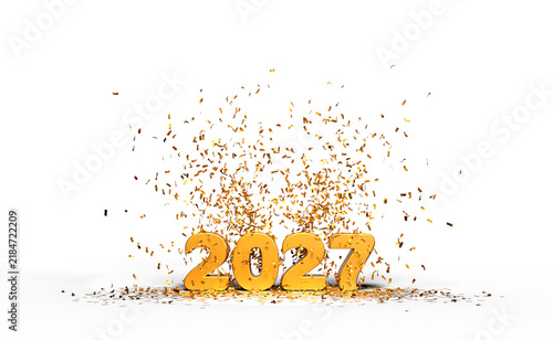 Photography Golden 2027 numbers with flying gold confetti 3d render for New Year greeting ca