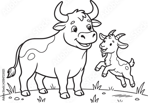 Cute bull and baby goat coloring page for kids, farm animal line art illustration.