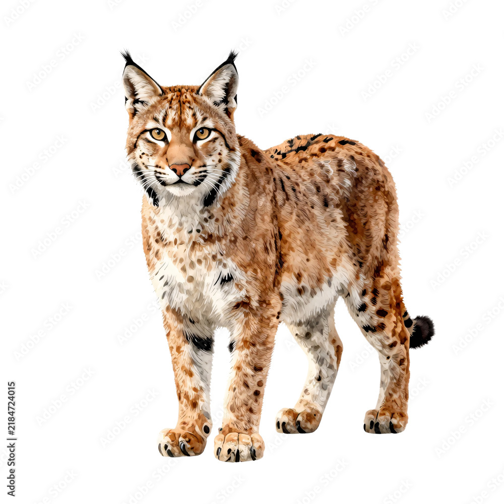 Fototapeta premium A lynx with distinctive ear tufts and spotted fur stands alert on a white background