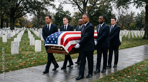 Men bearing a United States flag covered casket at gravesite, solemn burial ceremony with remembrance and respect  