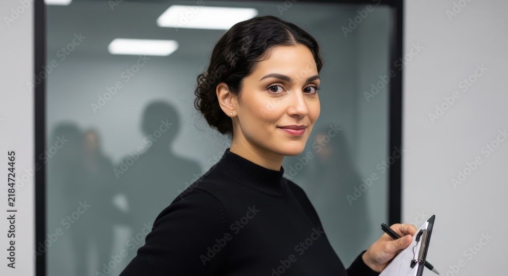 Fototapeta premium Confident young businesswoman holding a clipboard in a modern office