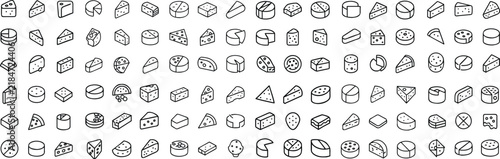 An isometric collection of diverse food icons, featuring a variety of desserts, sweets, and pastries presented in a clean, minimalist outline style.