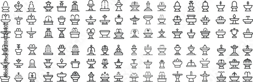 A collection of outline icons representing various bathroom fixtures, including sinks, toilets, and bathtubs, arranged in a grid.