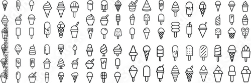 A collection of stylized, minimalist line art icons depicting various types of ice cream cones and popsicles, perfect for a sweet and simple graphic resource.