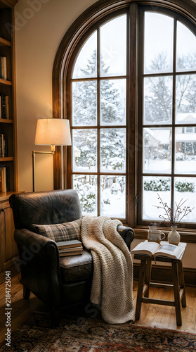 A cozy winter reading nook with a view of a snowy landscape