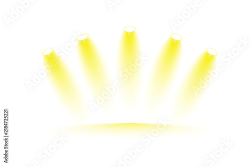 Soft Concert Spotlights on Dark Wall with Glowing Beams and Realistic Reflections on Abstract Stage Floor