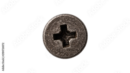 Canvastavla Close-up of a dark metal Phillips head screw, isolated on transparent background