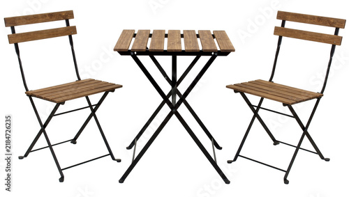 Konstfotografi Wooden slatted folding bistro chairs and table set, isolated on transparent back