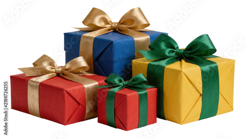 Bild auf Leinwand Assorted colorful gift boxes with satin ribbons and bows, isolated on transparen