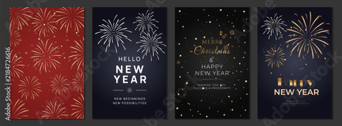 New Year greeting card set, vertical dark blue and red luxury posters with gold fireworks, sparkles and elegant typography. Festive holiday invitation or poster template collection for winter party.