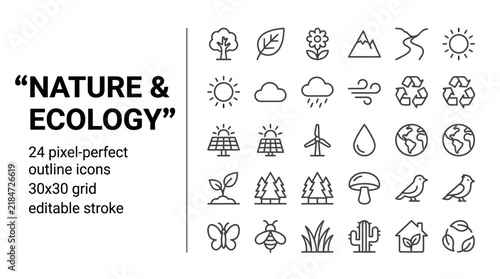 Comprehensive vector icon set featuring 24 pixel-perfect outline symbols for nature, ecology, environmental protection, and sustainability concepts