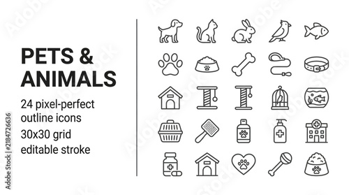 Vector linear icons set of pet care and domestic animals equipment including dog, cat, food bowl, toy, medicine, grooming brush and bird cage