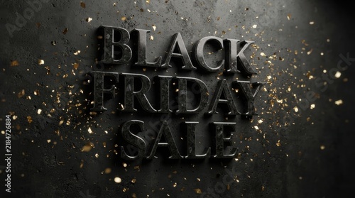 Black friday sale bold dimensional lettering on a dark stone background with scattered gold particles