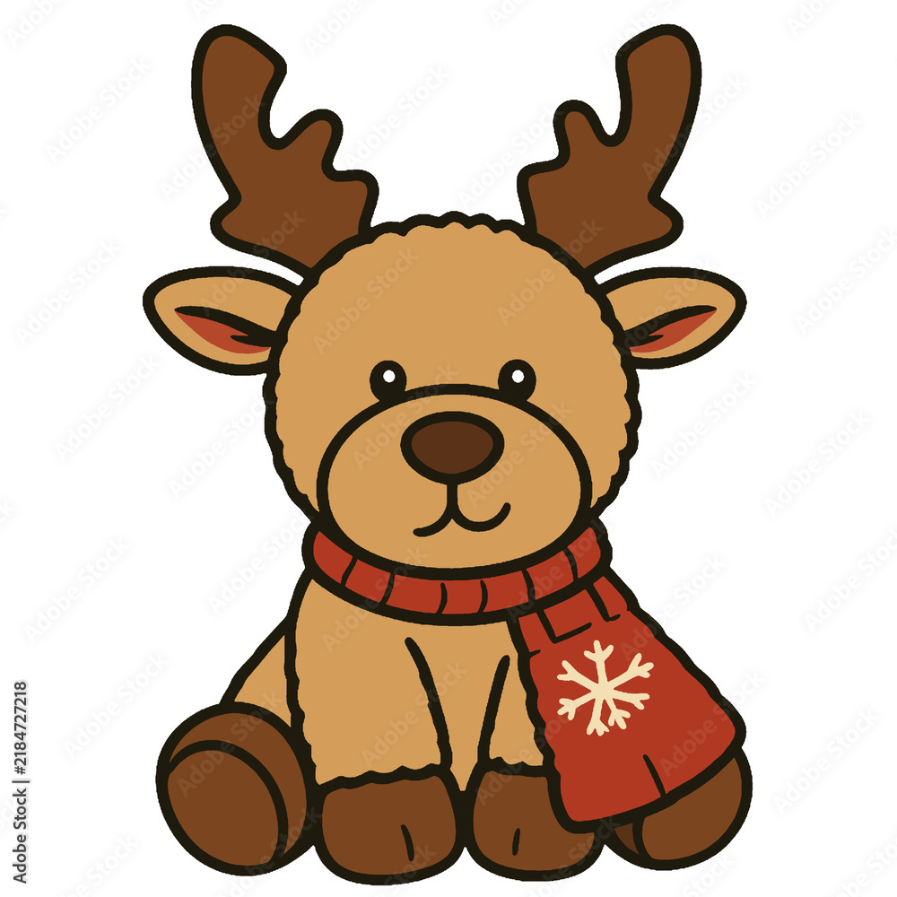 Obraz premium Cute sitting Christmas reindeer illustration wearing a red snowflake scarf