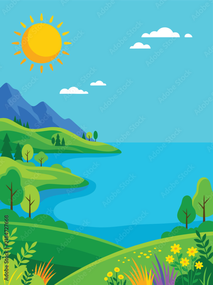 Obraz premium Vector illustration of a serene summer landscape with green hills, mountains, lake, bright sun, and blue sky in a flat design style.