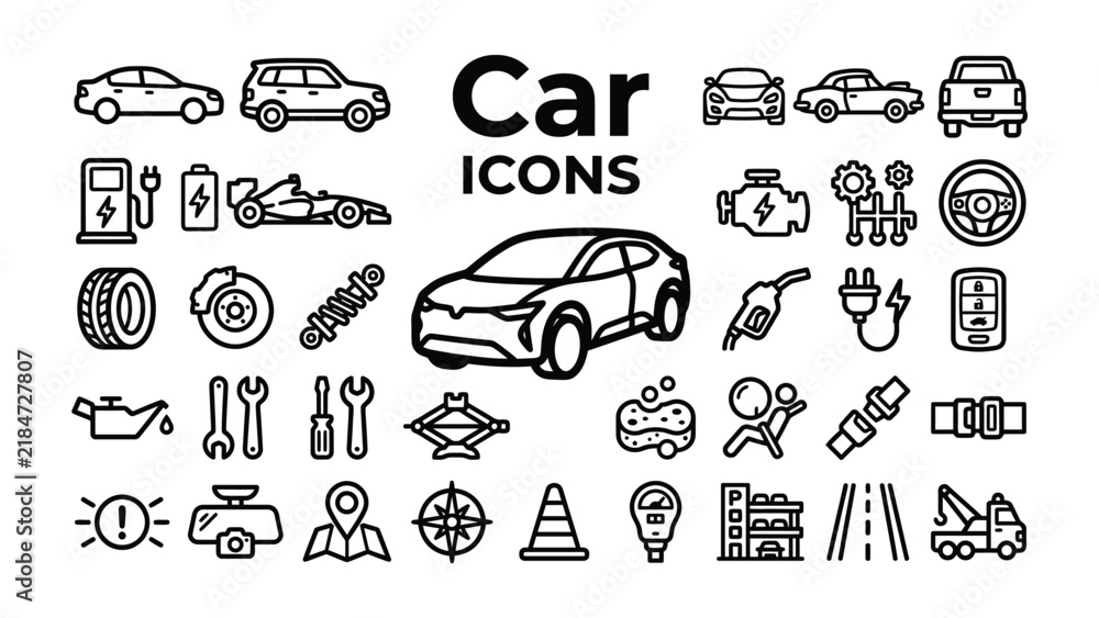 Fototapeta premium Car Icon Collection: A comprehensive set of line icons representing various aspects of cars and automotive services, perfect for digital design and application interfaces