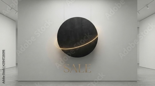 Modern gallery space with a circular black wall sculpture and glowing light accent sculpture minimalist interior