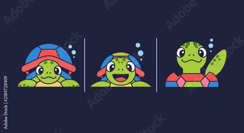 Cute Cartoon Sea Turtle Peeking Out Vector Set