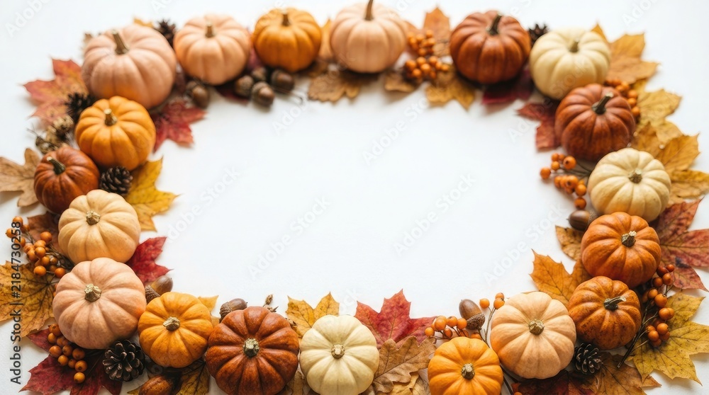 Fototapeta premium Autumn harvest border frame made of assorted pumpkins and colorful fall leaves on a white background with copy space