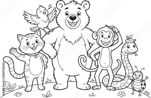 Cute cartoon animals coloring page for kids with bear cat monkey snake bird and ladybug