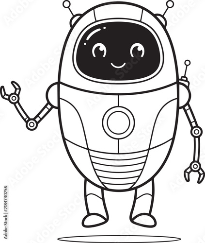 Cute robot character coloring page for kids with simple line art vector illustration