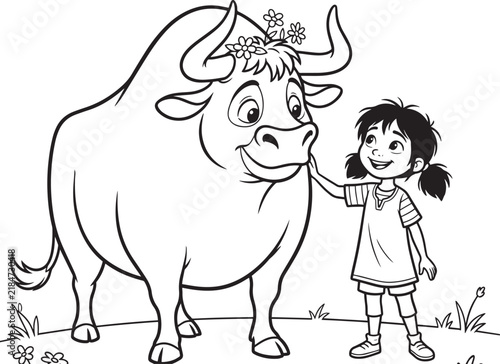 Little girl petting a friendly bull, black and white coloring page for kids
