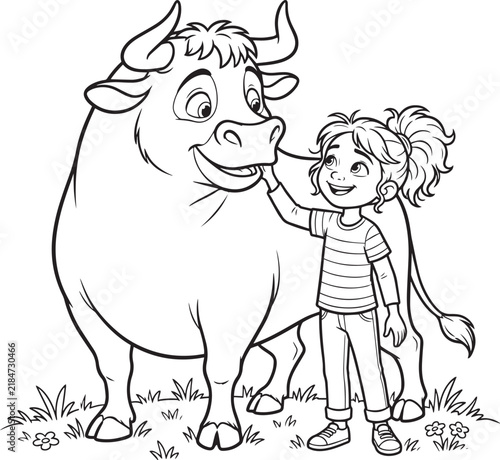 Girl petting a friendly bull, black and white coloring page for kids illustration.