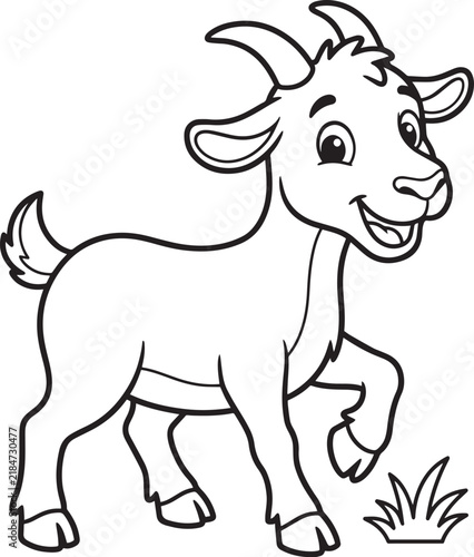 Cute baby goat coloring page for kids, simple line art illustration of a happy farm animal.