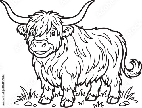 Cute Highland Cow Coloring Page for Kids and Adults Line Art Illustration