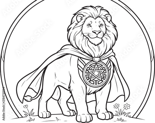 Superhero Lion Coloring Page for Kids, Cute Cartoon Animal Hero Line Art Illustration