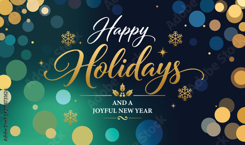 Happy holidays and a joyful new year greeting card with gold typography and bokeh lights bokeh background seasonal design gold lettering winter theme holiday season greeting