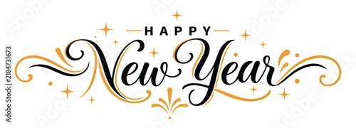 Festive happy new year gold calligraphy with decorative flourishes and sparkles gold typography script star accents calligraphy celebration festive design seasonal greeting