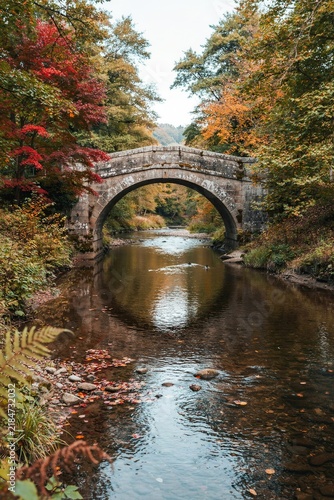 Old stone bridge over a river in autumn woods wallpaper