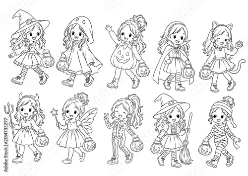 Cute Halloween Girls in Costumes Line Art Illustration