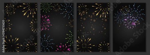 Firework background set, vertical dark vector posters with glowing golden and colorful light flares, bokeh and copy space. Festive template collection for New Year celebration, party or card layout.