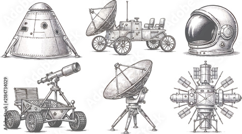 Vintage space technology vector set containing six separate isolated objects: crew space capsule, lunar rover, astronomical telescope, radio telescope dish, astronaut helmet, and orbital space station