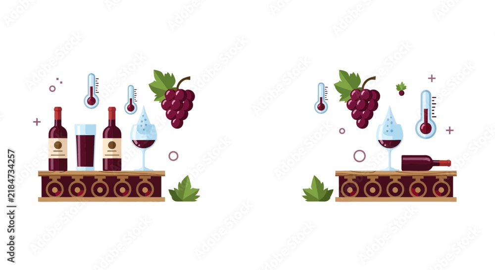 Obraz premium Wine Production and Temperature Control Illustration with Bottles, Grapes, and Thermometers