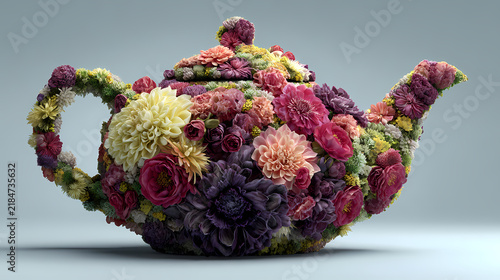 Ceramic teapot completely adorned with a dense cluster of purple and pink flowers against a light gray backdrop.