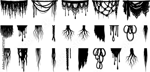 Spooky halloween hanging border set featuring cobweb lace draping roots dripping slime torn fabric chains stalactites horror gothic decorative elements solid black glyph symbols in vector style 