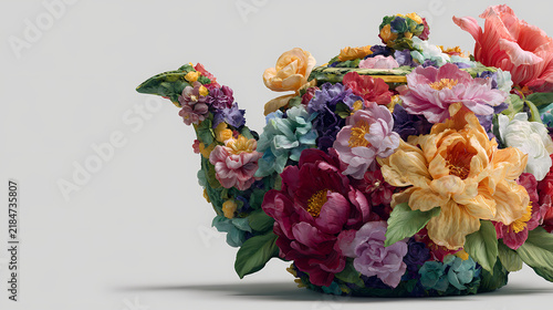 Ceramic teapot completely covered in colorful sculpted porcelain flowers against a plain grey background.