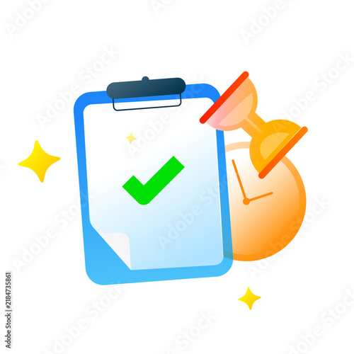 Clipboard with check mark, clock, and timer representing fast processing, instant completion, no waiting, quick approval, and time saving service