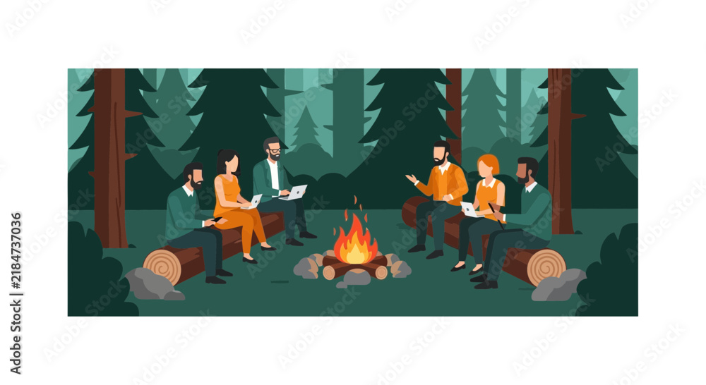 Fototapeta premium Professionals working on laptops around a forest campfire during a corporate retreat.