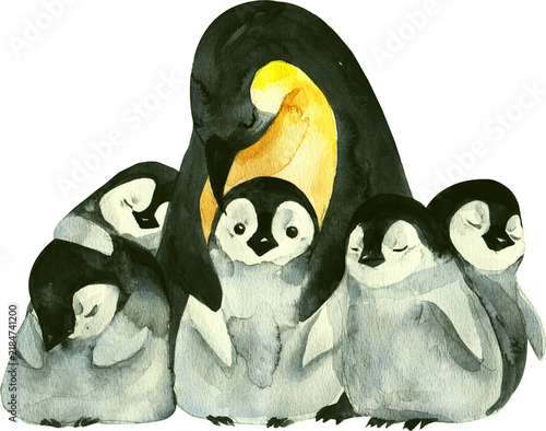cute penguin family watercolor illustration