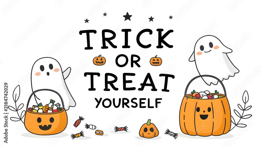 Fototapeta premium Cute Halloween Ghosts and Pumpkins with Trick or Treat Text