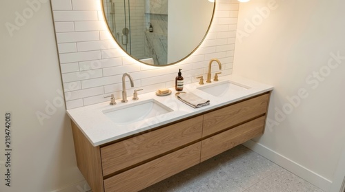 Floating oak double vanity with subway tile and illuminated round mirror