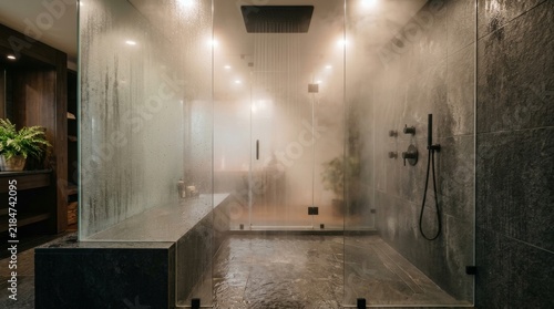 Foggy glass steam shower with dark stone tiles and ceiling rain head