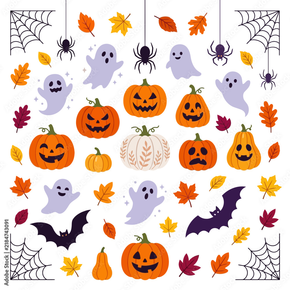 Naklejka premium Halloween vector collection with pumpkins ghosts and autumn leaves