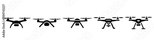 Set of black silhouette icons of modern flying drones with cameras isolated