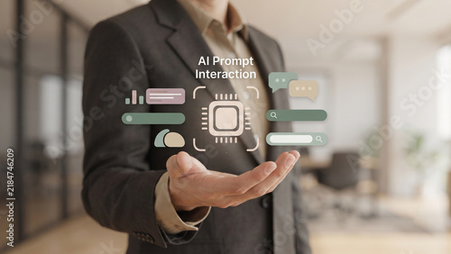 Professional man holding floating AI interface with text AI prompt interaction and icons above open palm in office, AI productivity, prompt writing concept
